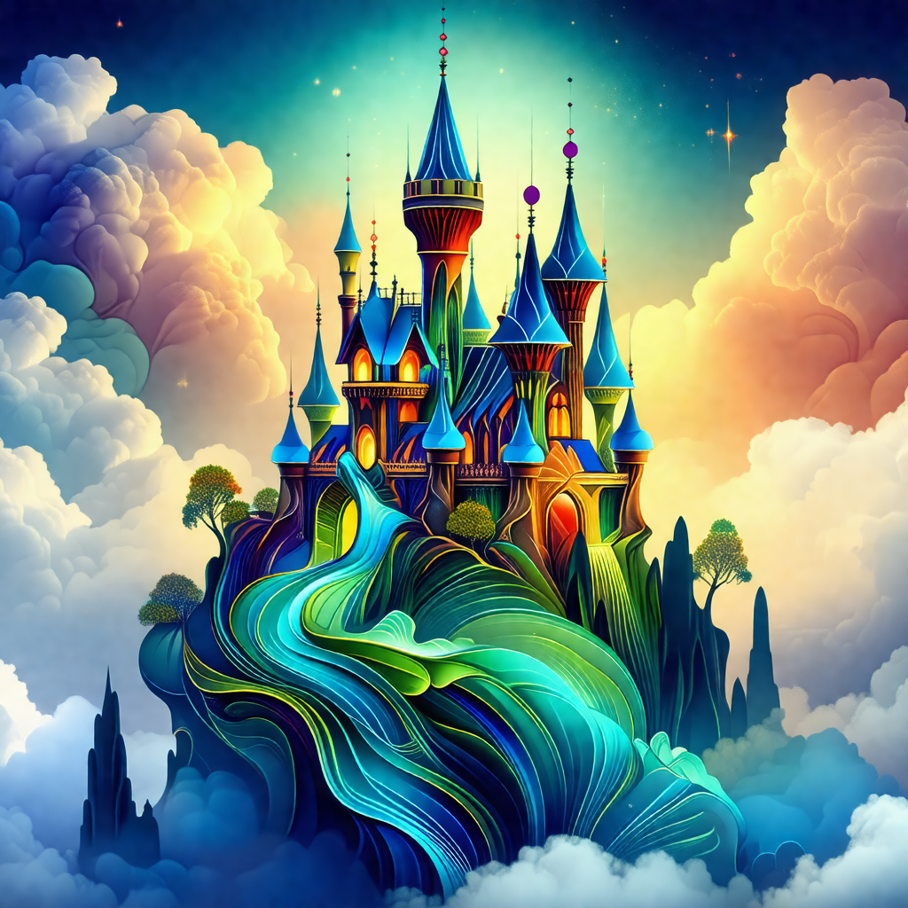 Colorful and detailed painting of a castle, which appears...