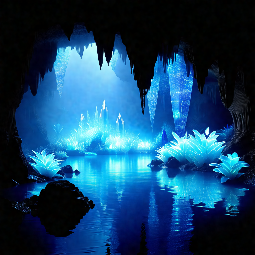 Beautiful underwater cave with a blue light illuminating ...