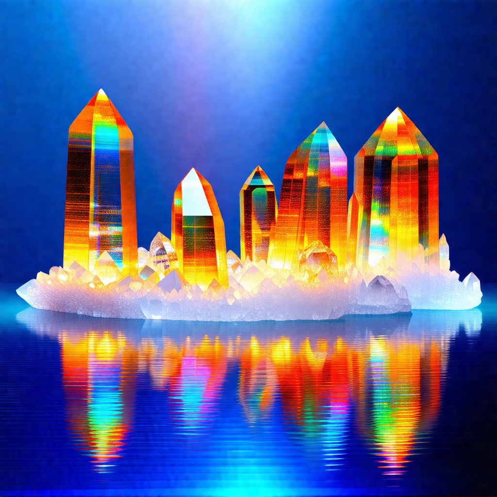 Group of seven colorful crystal structures, possibly made...