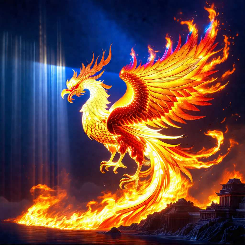 Large, colorful dragon with a long tail and a fiery mane