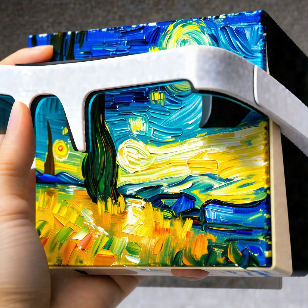 Person holding a box with a painting of a sunflower on it