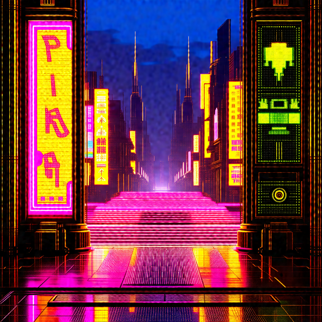Colorful, futuristic cityscape with a bright pink and yel...
