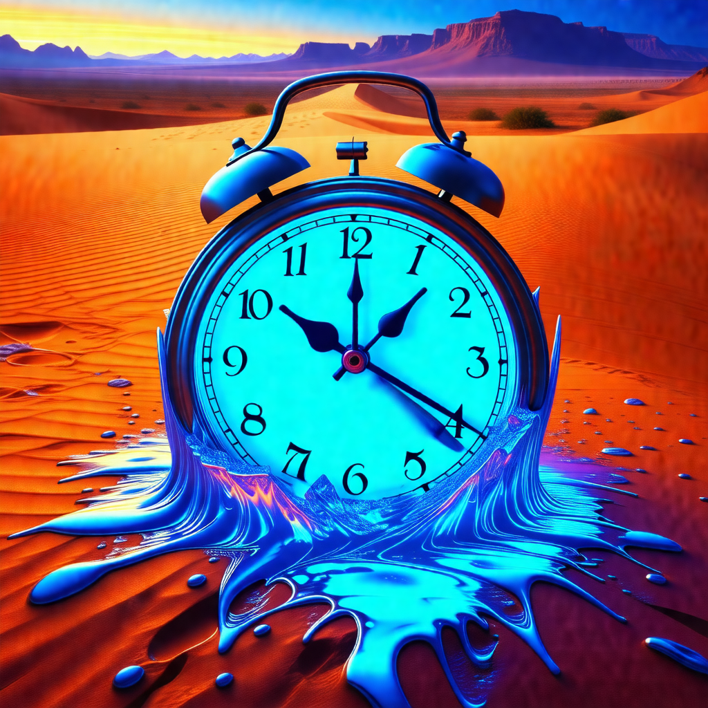 Blue clock with roman numerals, placed in a desert-like s...