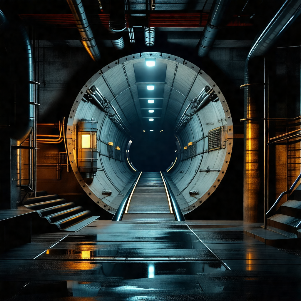 Large, dark tunnel with a train traveling through it