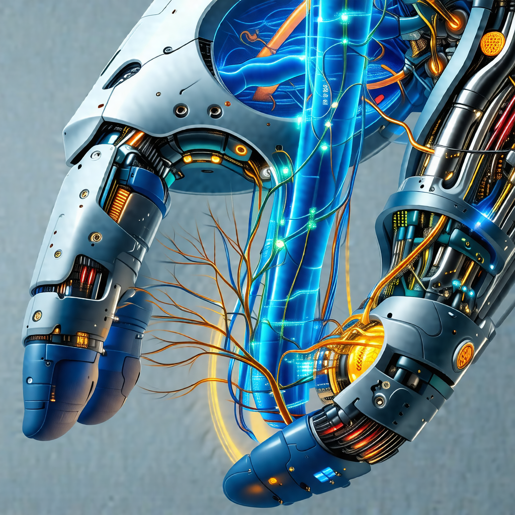 Detailed illustration of a robotic arm with a blue and or...