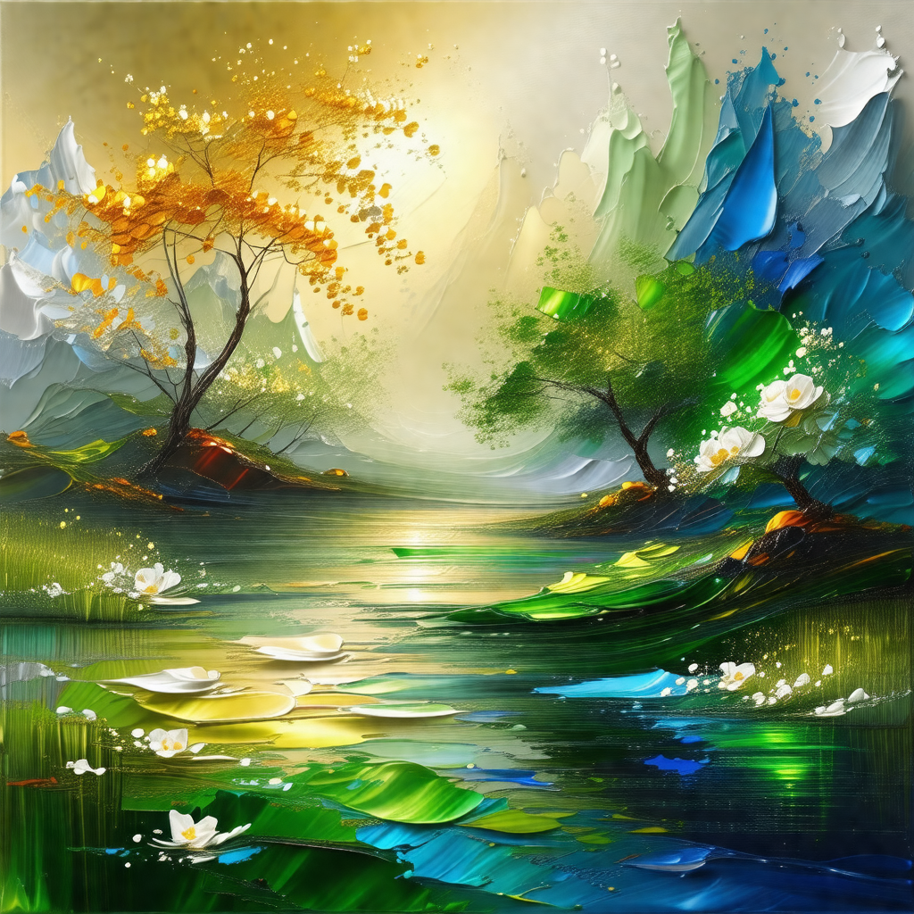Painting of a serene landscape featuring a body of water,...