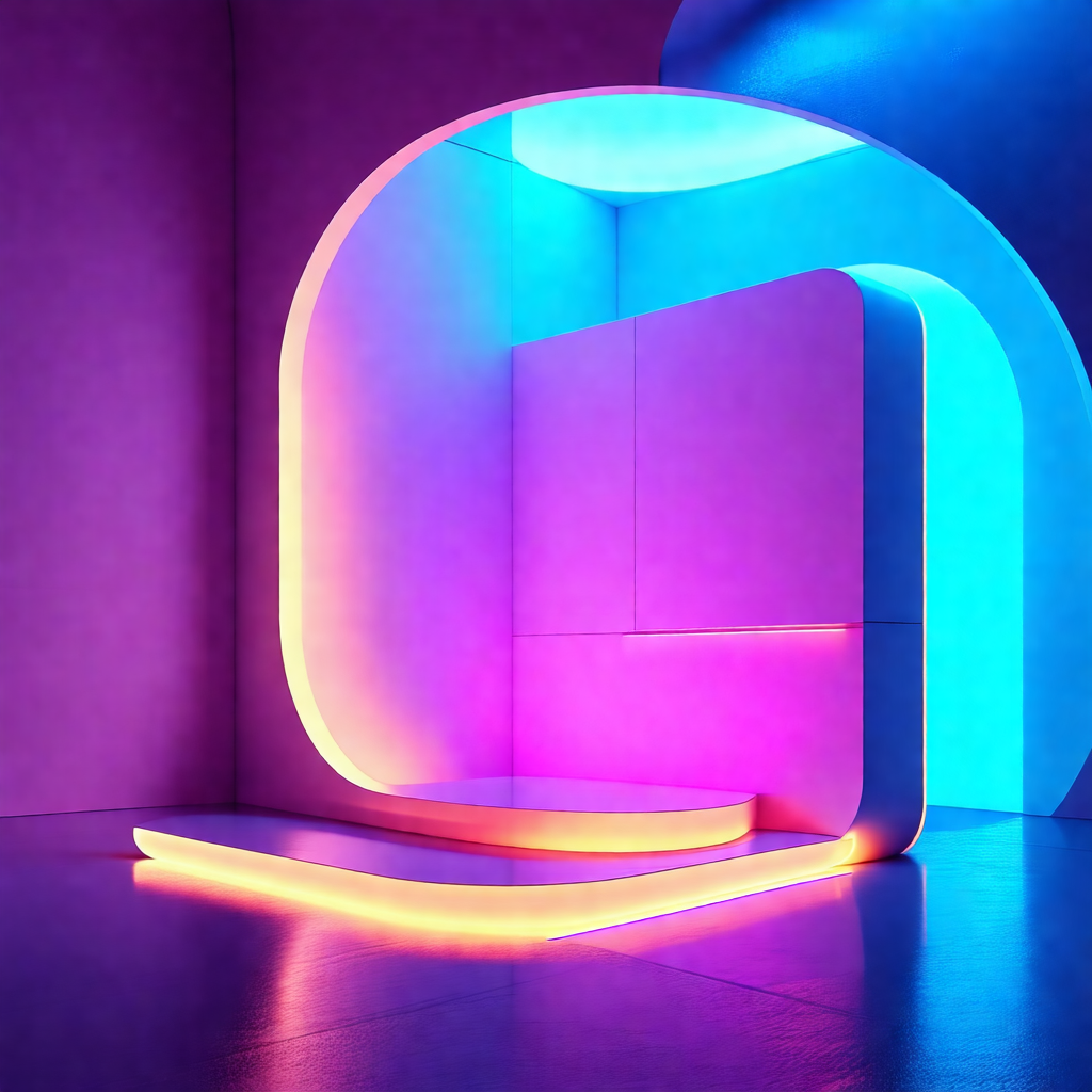 Brightly lit tunnel with a purple and blue color scheme