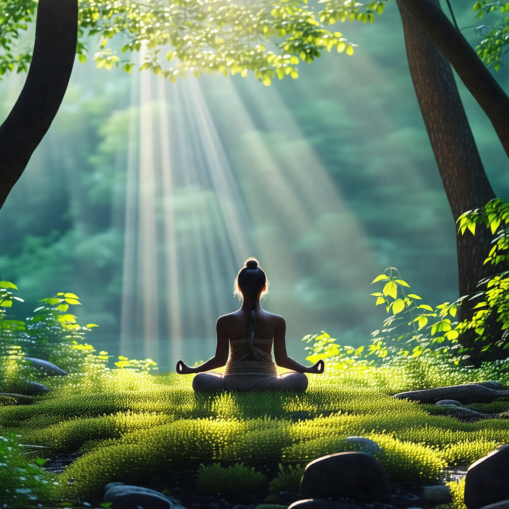 Woman sitting in a forest, surrounded by trees and greenery