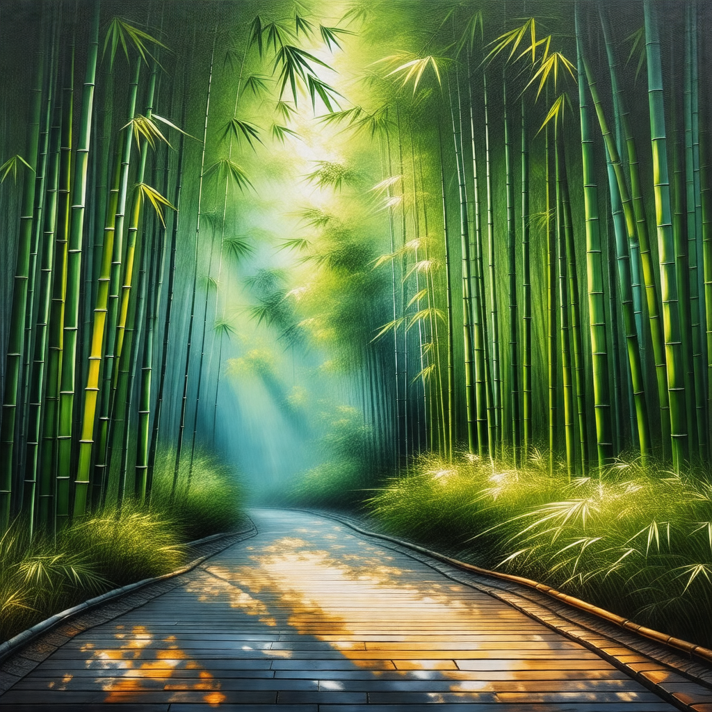 Pathway surrounded by a forest of tall, slender bamboo trees
