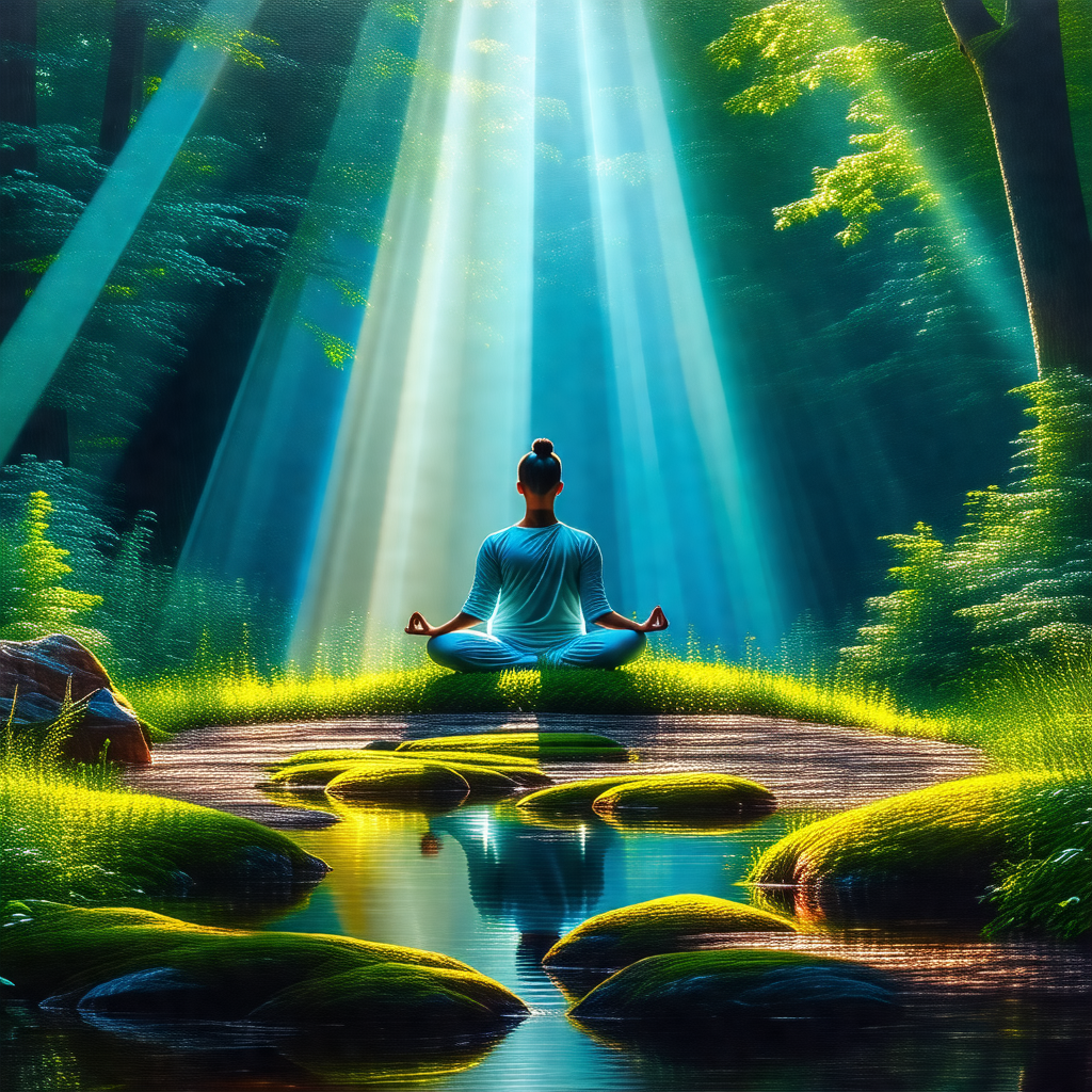 Woman sitting in a serene environment, surrounded by a fo...