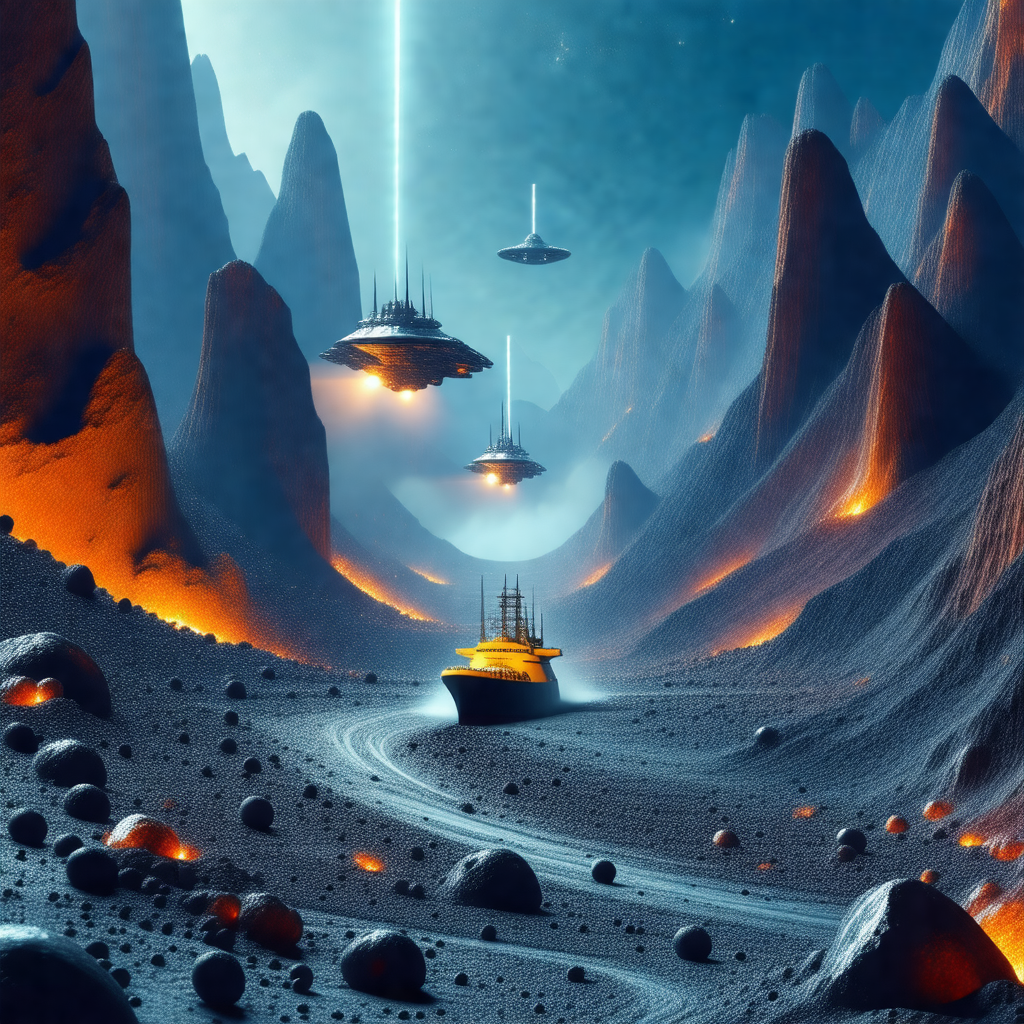 Futuristic scene with a spaceship flying through the air