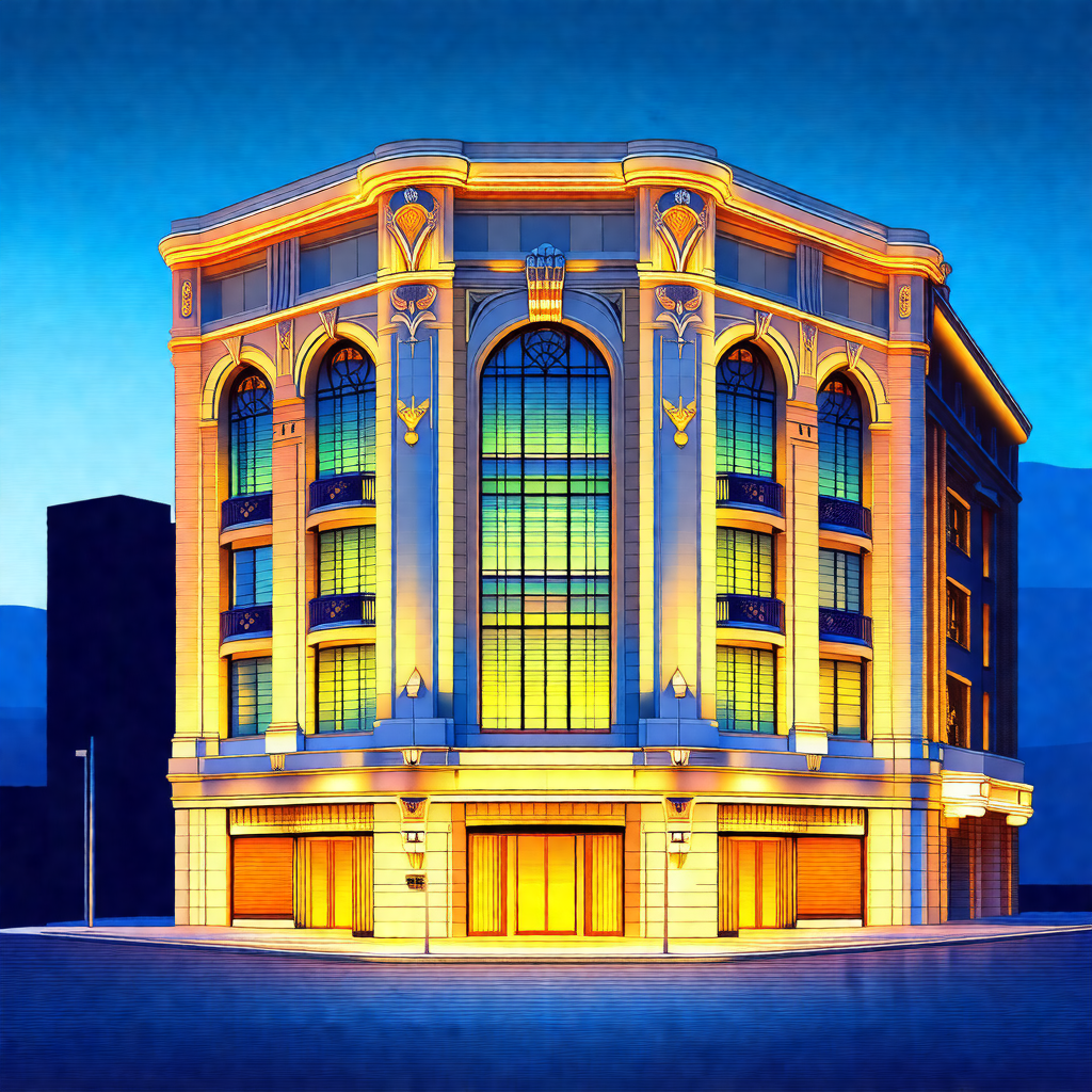 Blue and white drawing of a large white building with man...