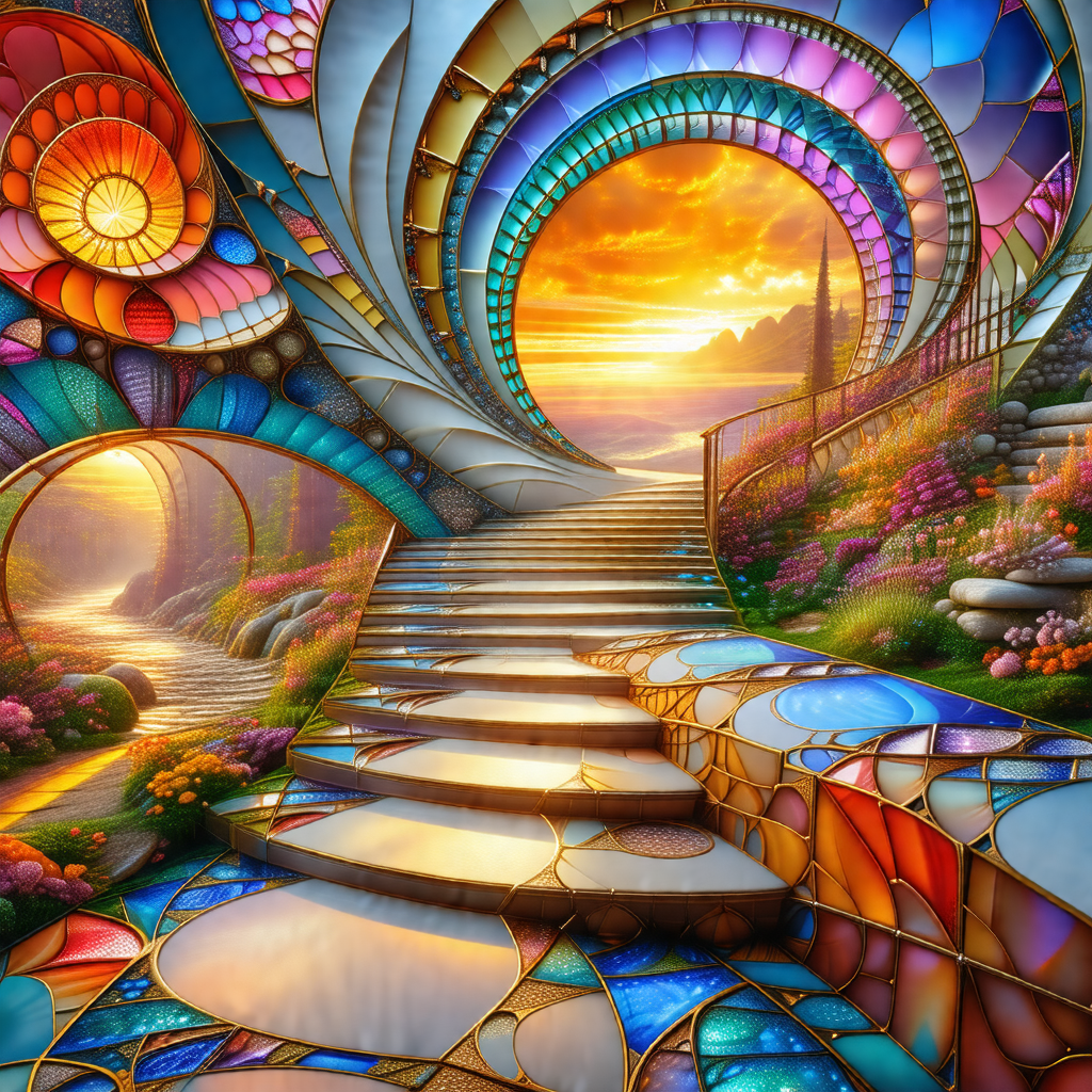 Colorful and vibrant painting of a staircase leading to a...
