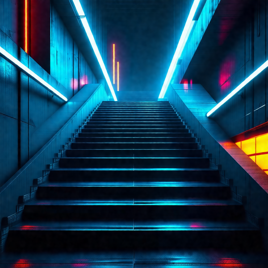 Black and white photo of a staircase with a blue light il...