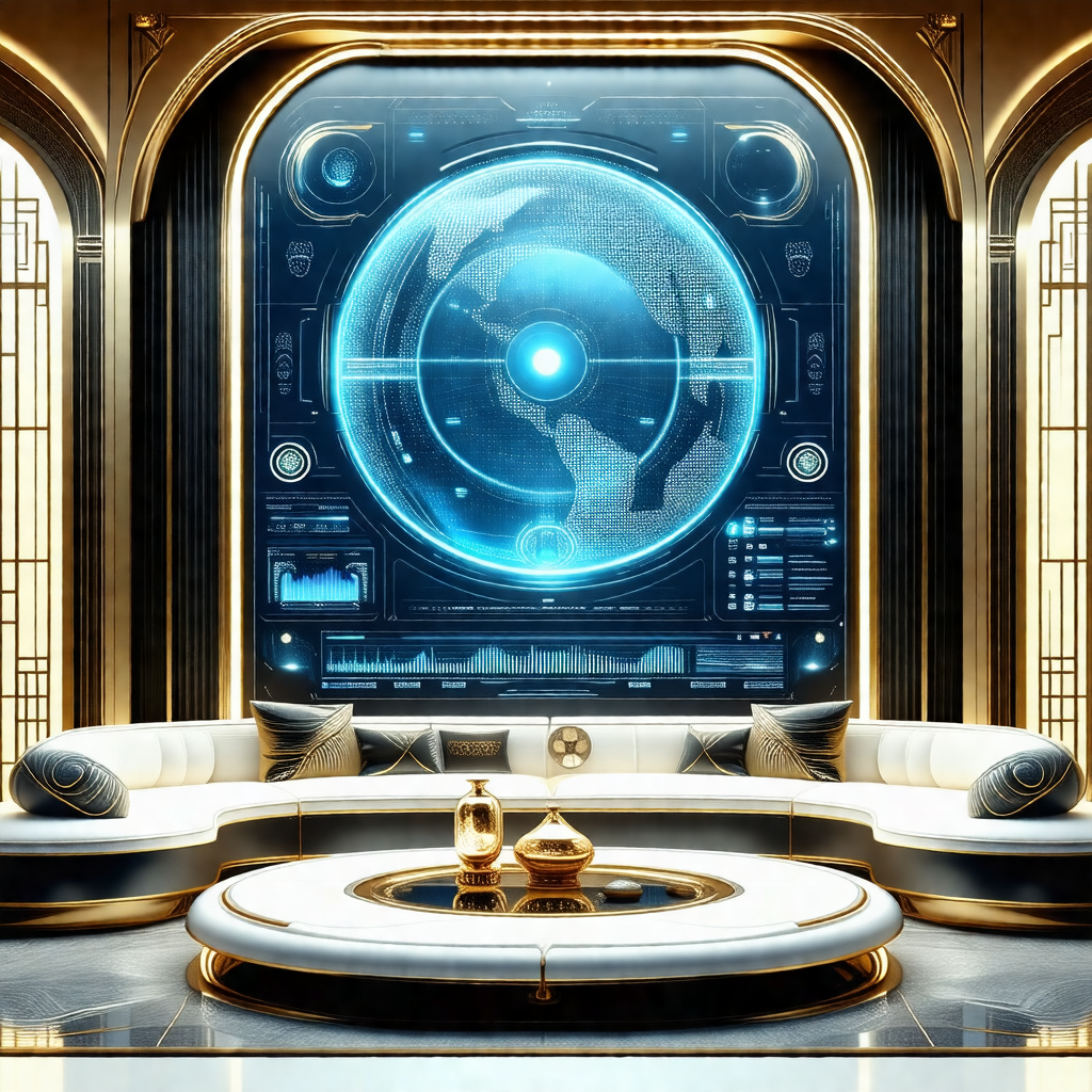 Futuristic living room with a large, round, blue and whit...