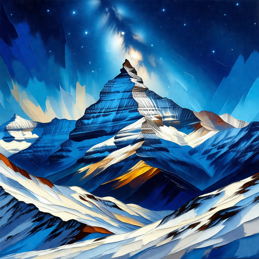Painting of a mountain with a blue sky and a few stars vi...