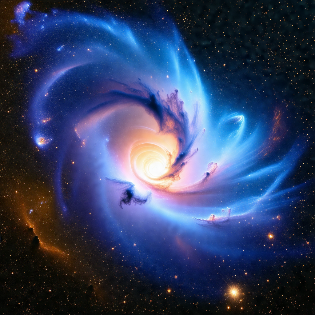 Beautiful spiral galaxy with a blue nebula at its center