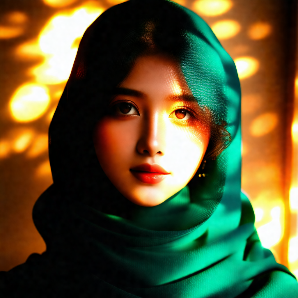 Woman wearing a green headscarf, standing in front of a w...