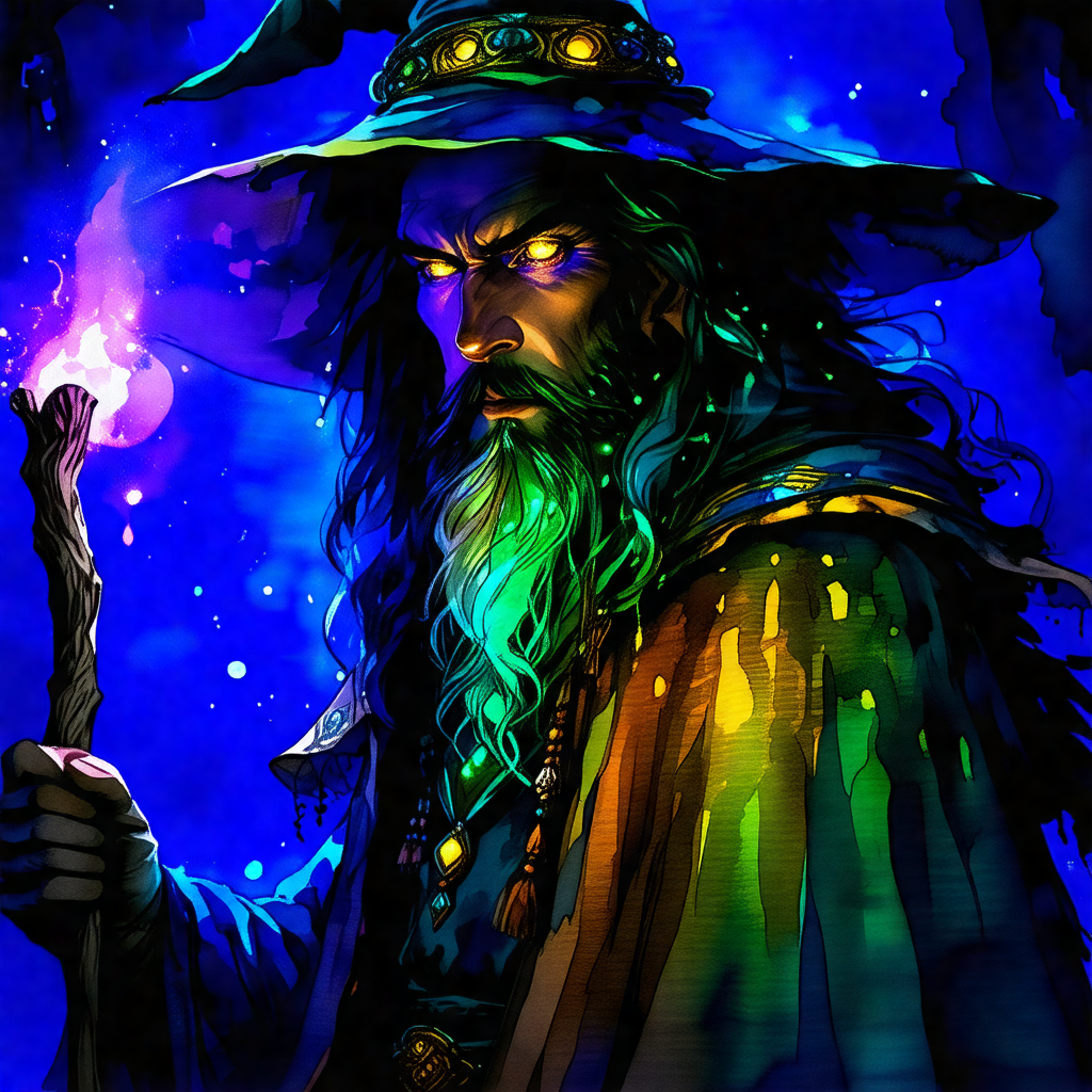 Colorful, hand-drawn illustration of a wizard with a long...