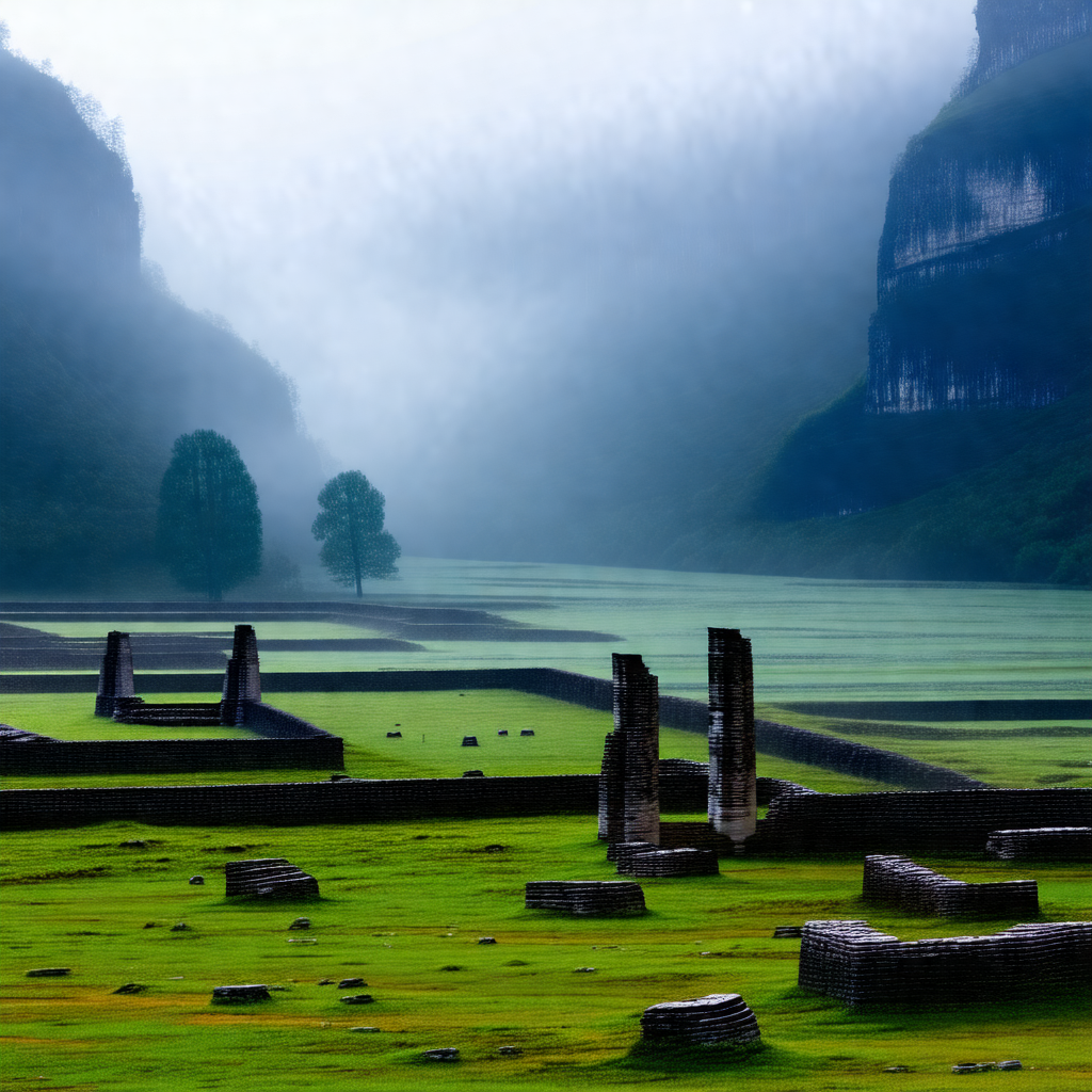Lush green field with a large, ancient stone structure in...
