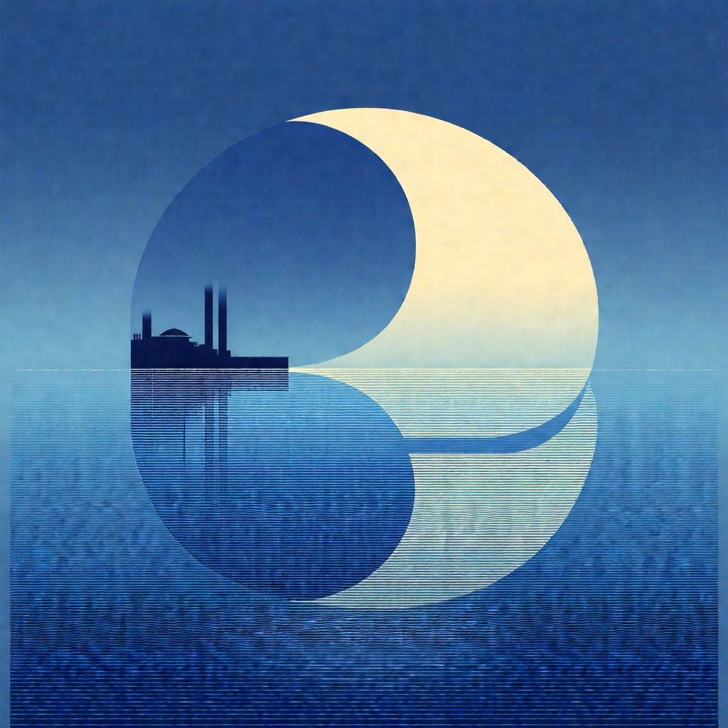 Large, round, blue circle with a moon inside it
