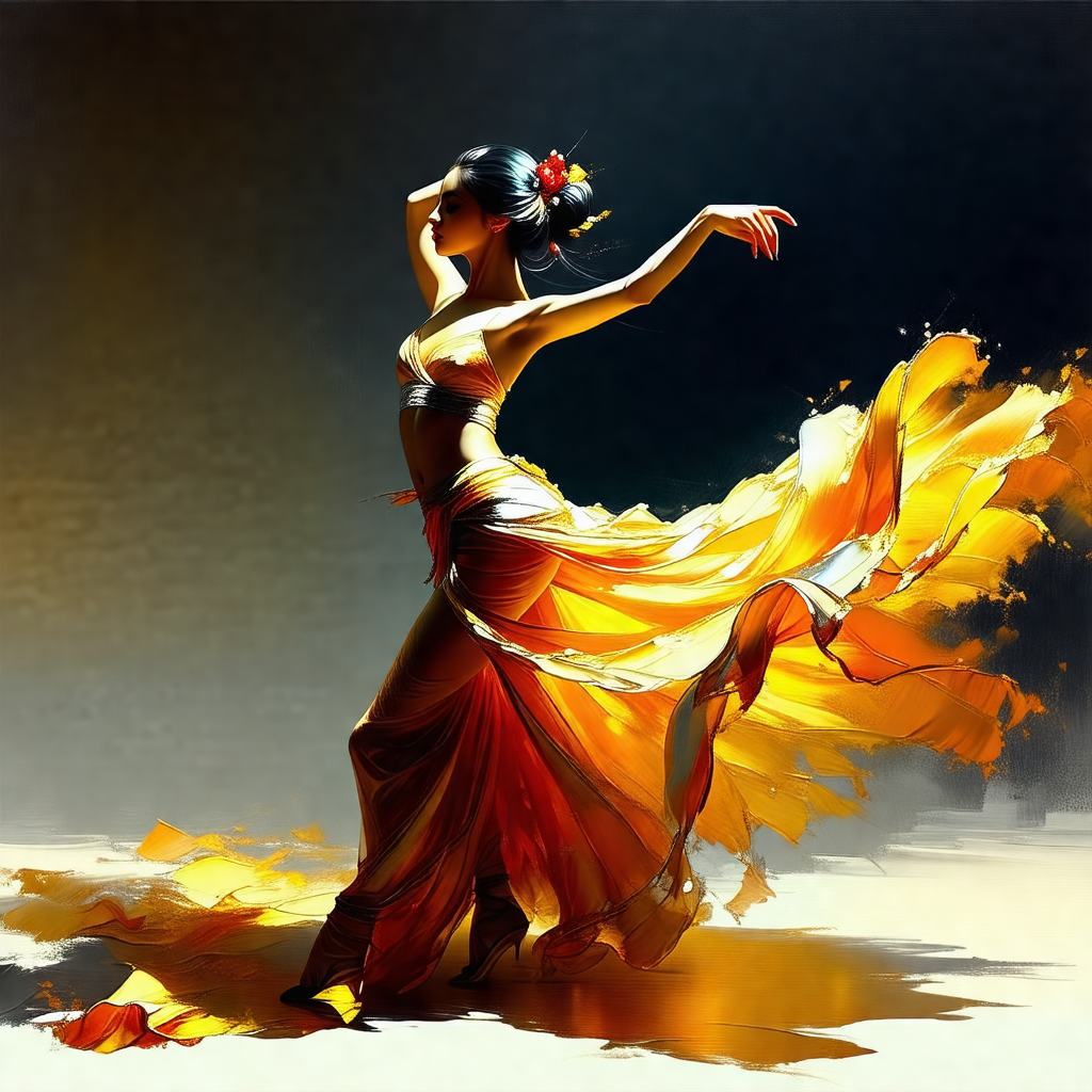 Woman in a flowing dress, dancing gracefully in a room