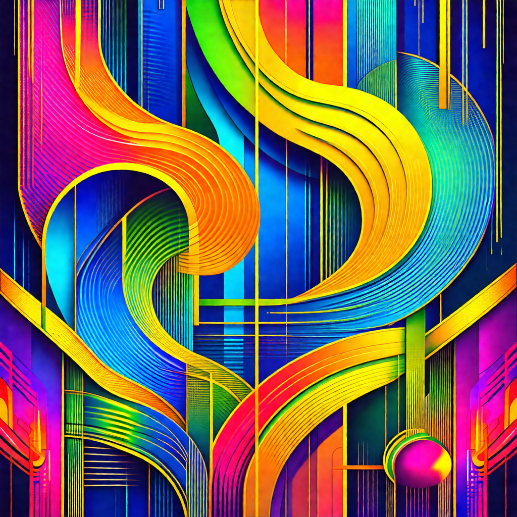 Colorful and abstract artwork featuring a large, curved, ...