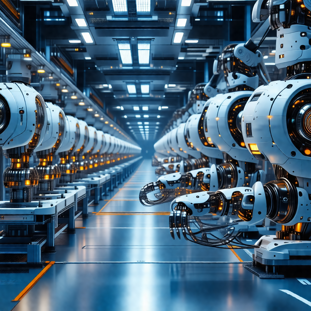 Factory with a large number of white robots lined up in a...