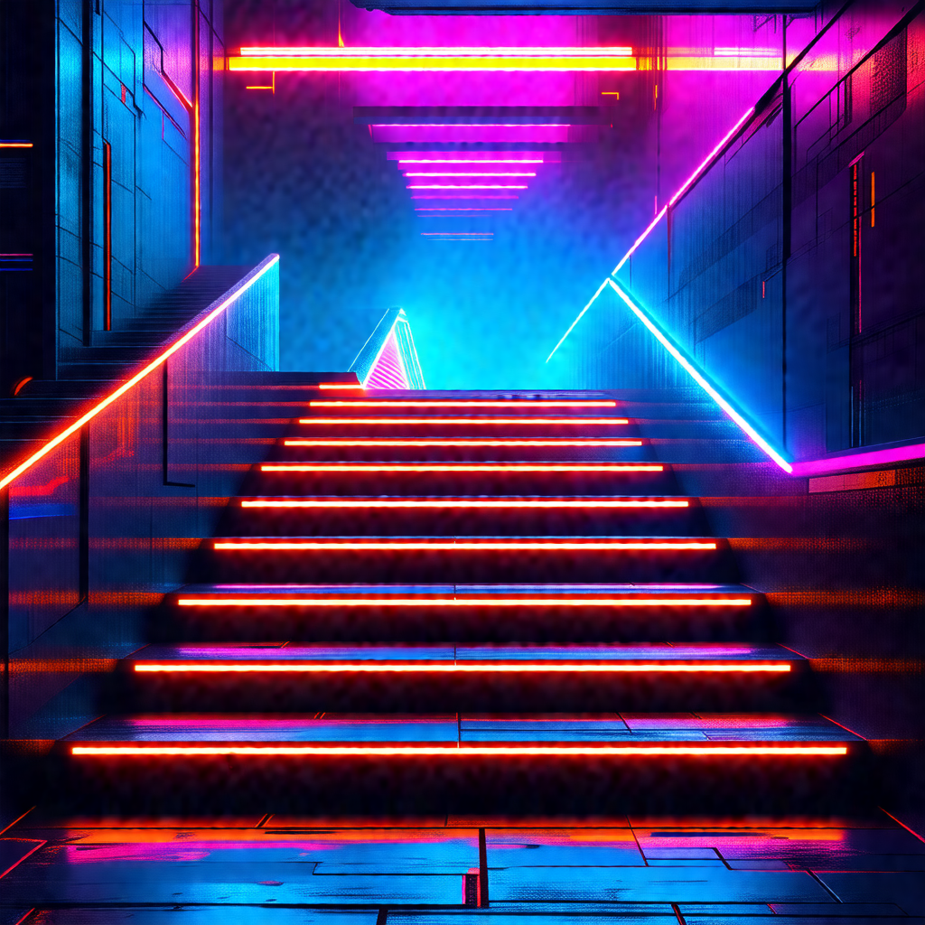 Staircase with a brightly lit, colorful neon lighting