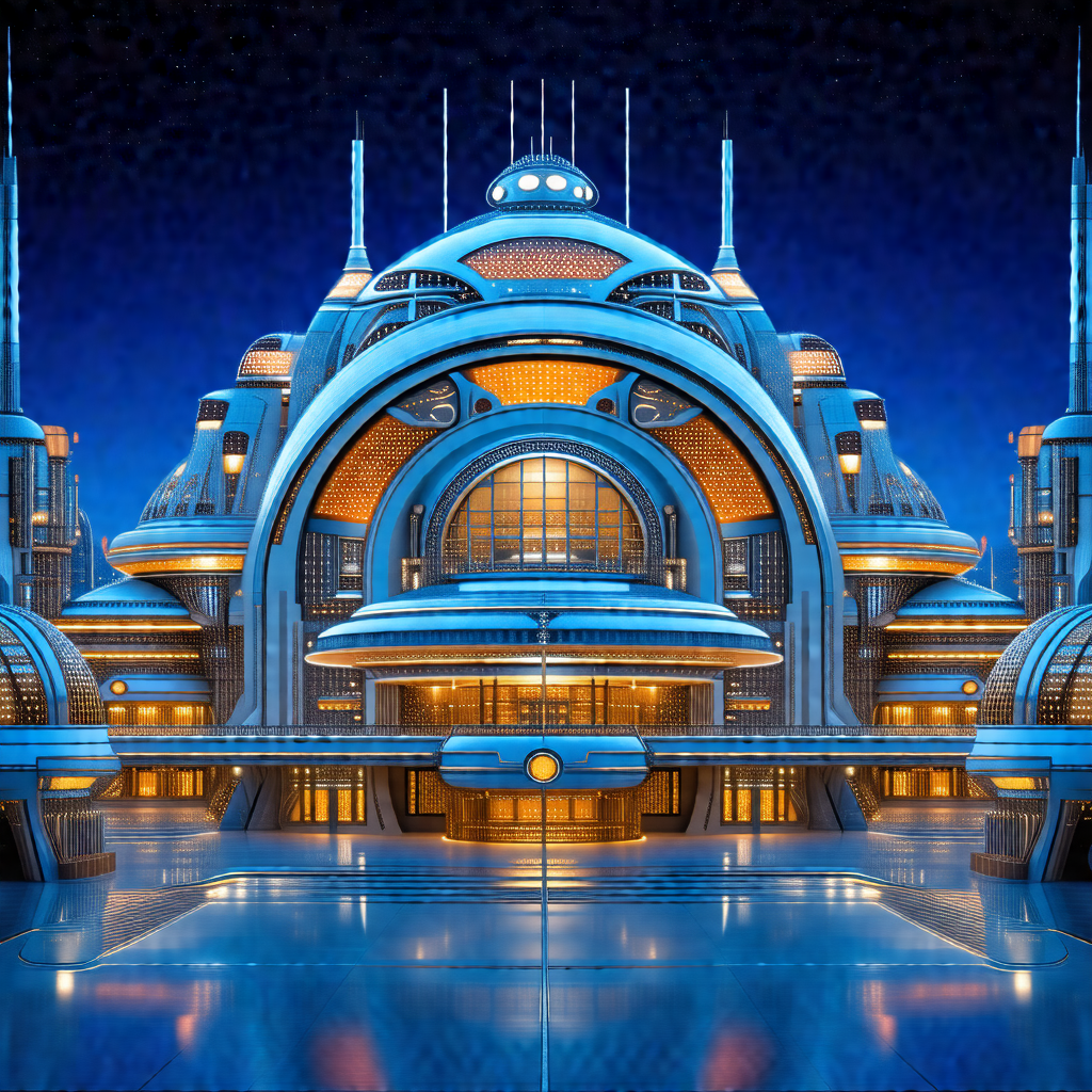 Futuristic, blue-toned drawing of a large, modern building