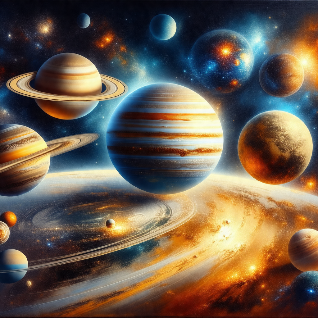 Painting of a solar system, featuring a variety of planet...