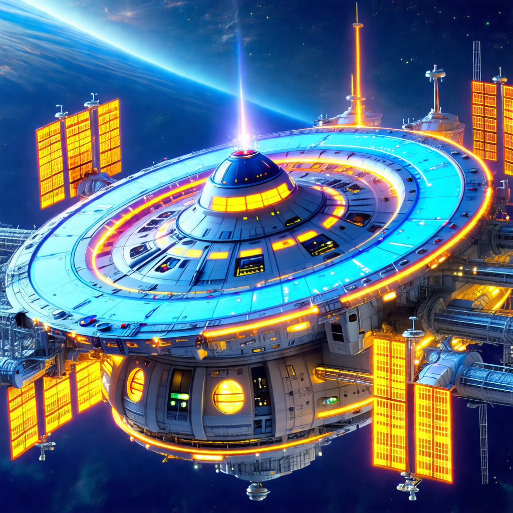 Futuristic space station with a large, round, blue and wh...