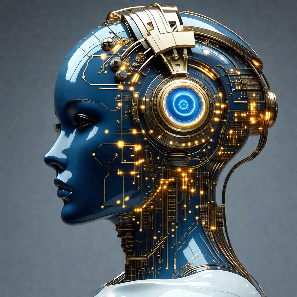 Futuristic robotic head with a blue face and a gold and b...