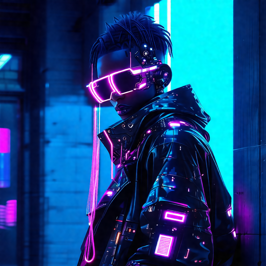 Man wearing a futuristic outfit, which includes a black j...
