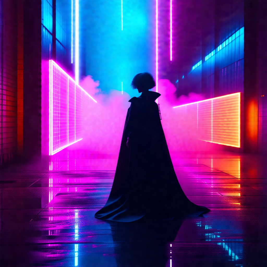 Person wearing a long black coat, standing in a dark room...