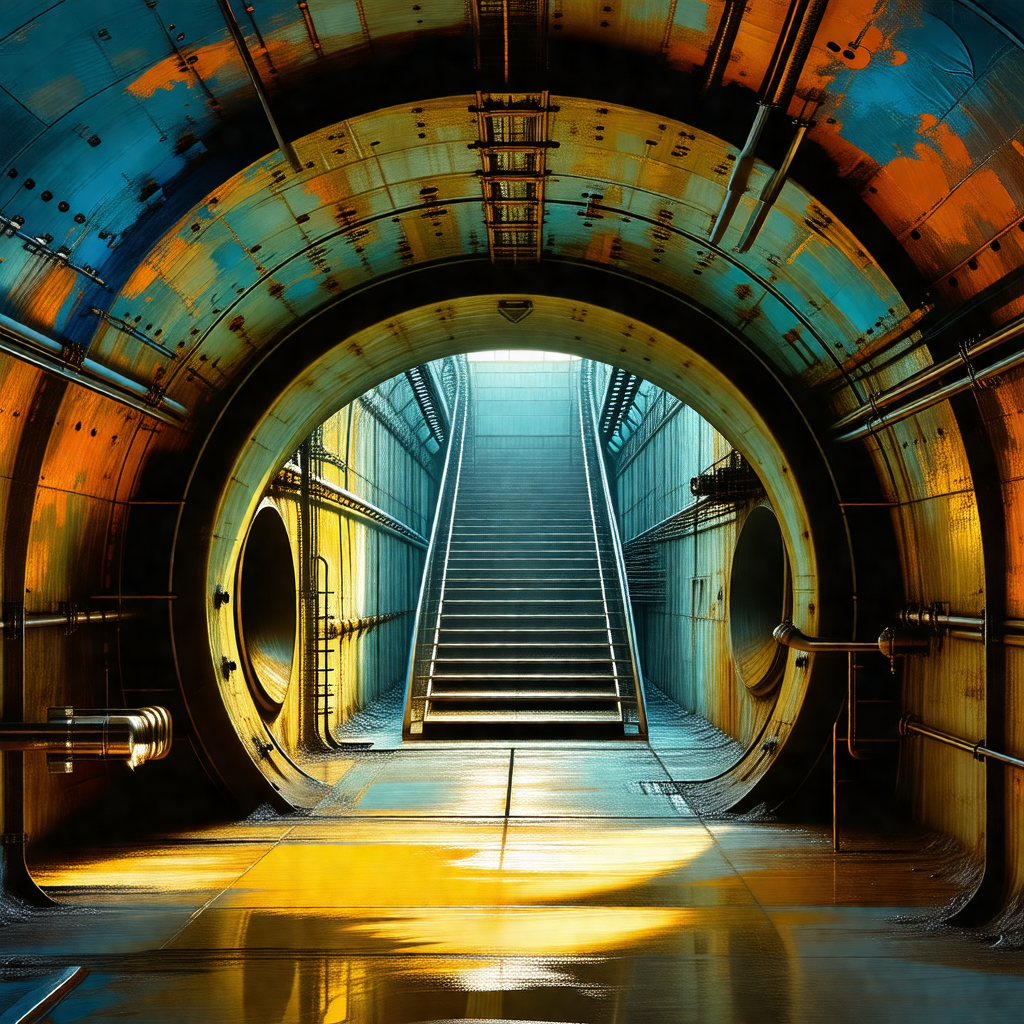 Staircase leading to a tunnel, with a bright light illumi...
