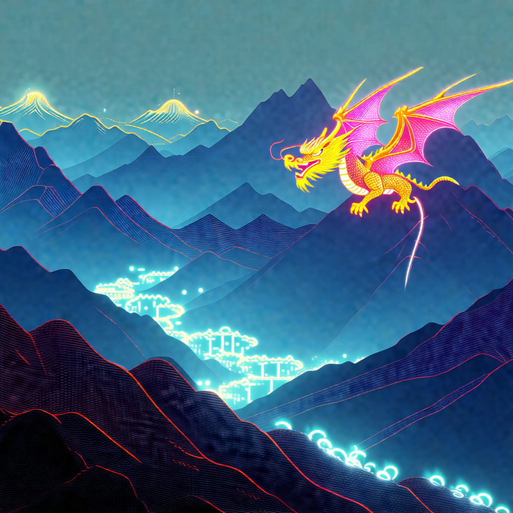 Colorful and detailed illustration of a dragon flying ove...