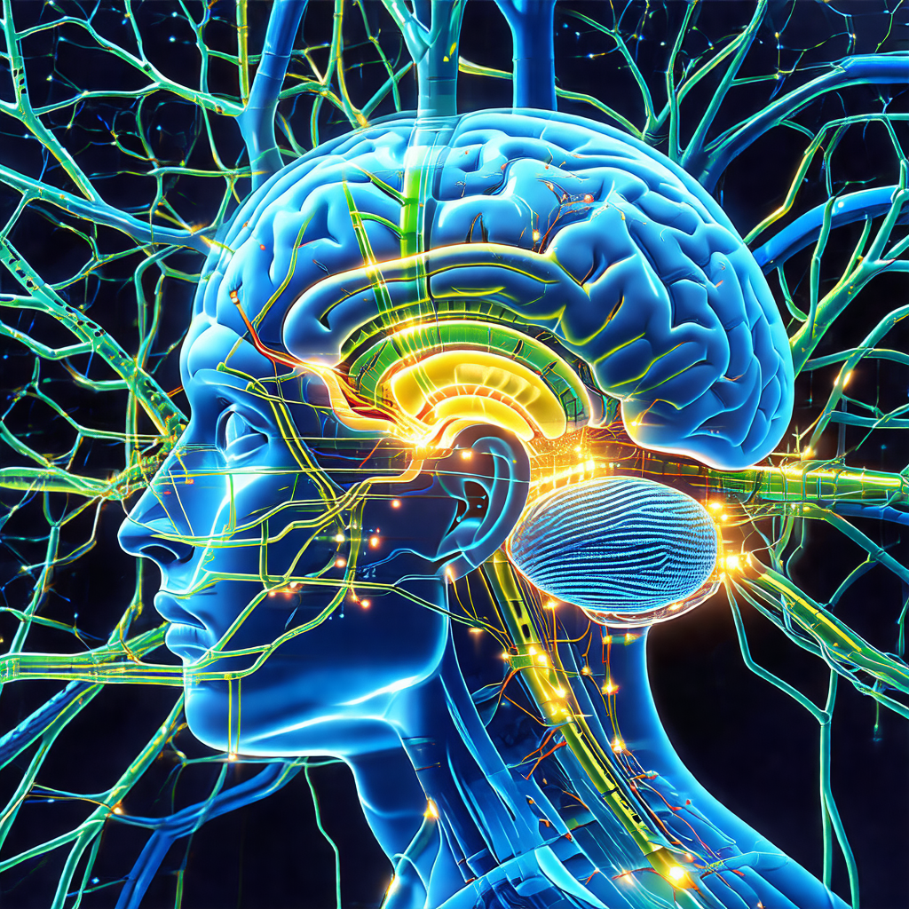 Close-up of a human head, focusing on the brain and its s...