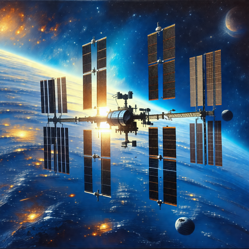 Space station with a large number of solar panels on its ...