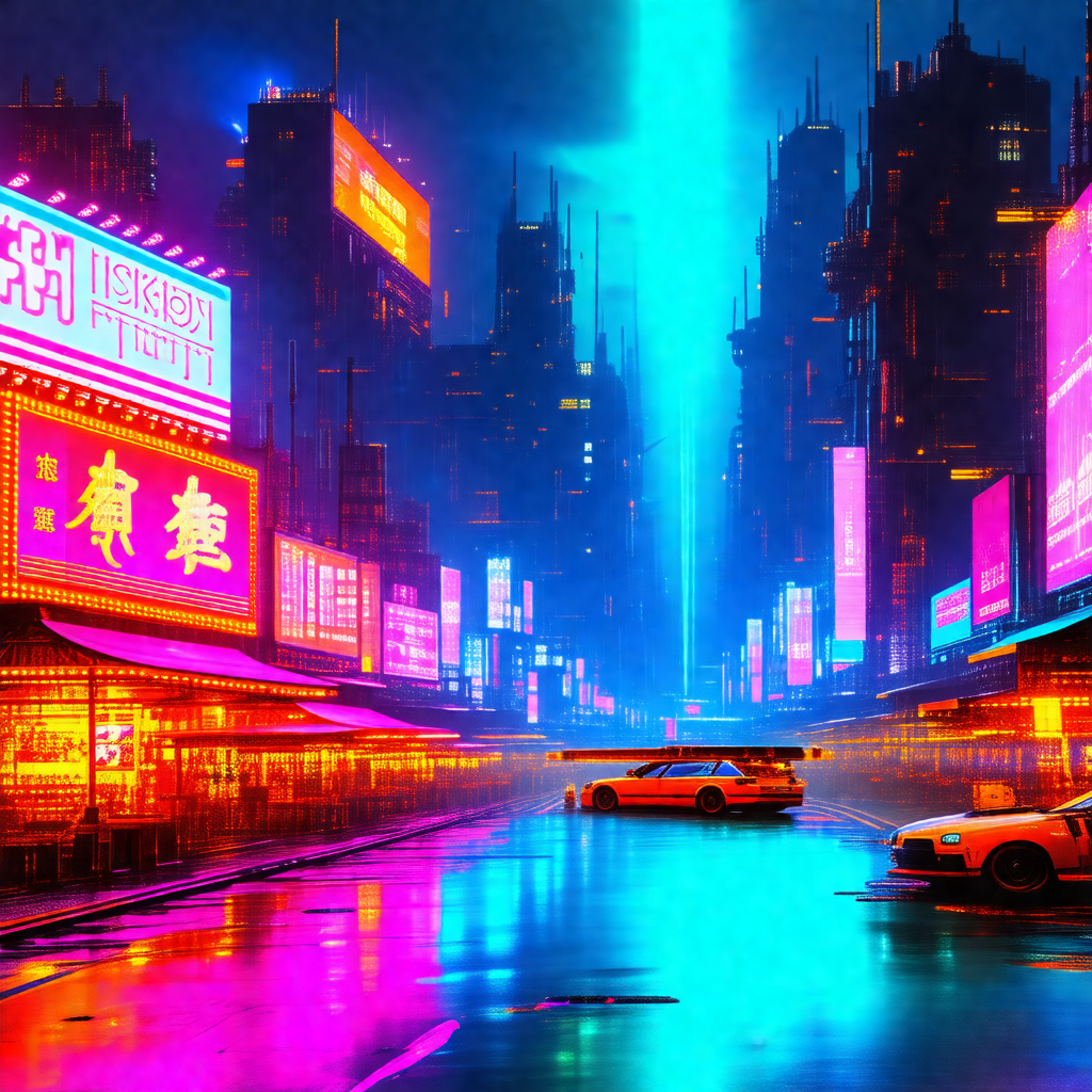 Futuristic cityscape with a rain-soaked street filled wit...