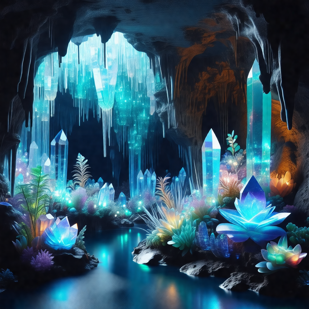 Digital painting of a cave with a blue river flowing thro...