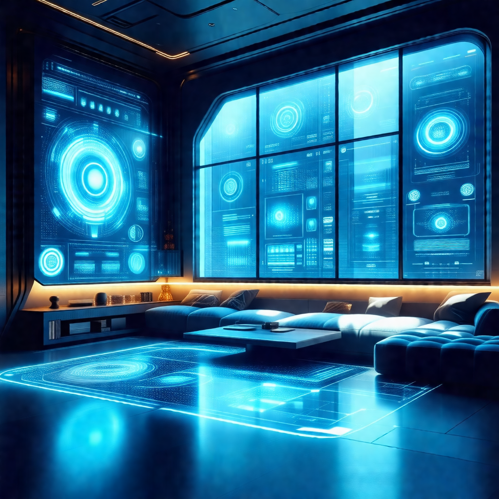 Futuristic living room with a large window that displays ...