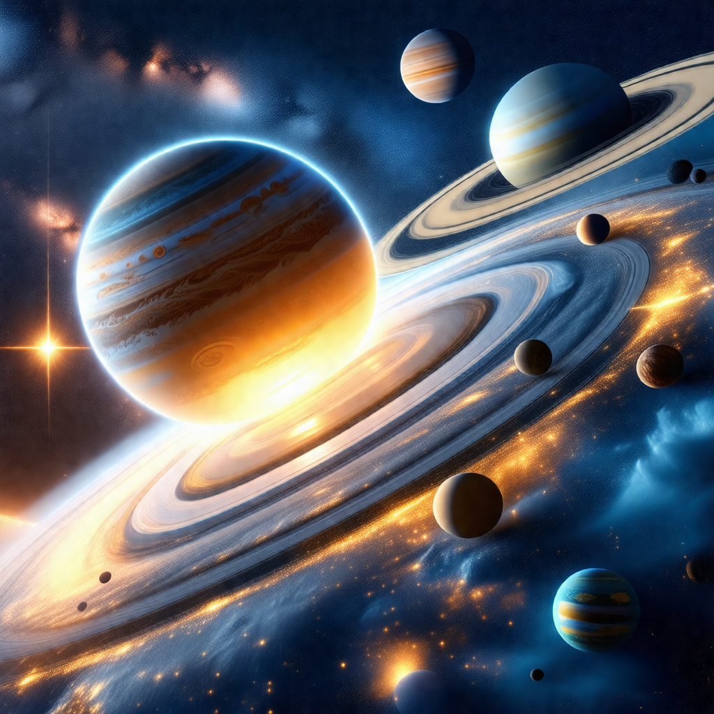 Colorful and detailed illustration of a solar system, fea...