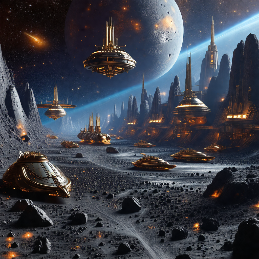 Futuristic scene with a group of small, round spaceships ...