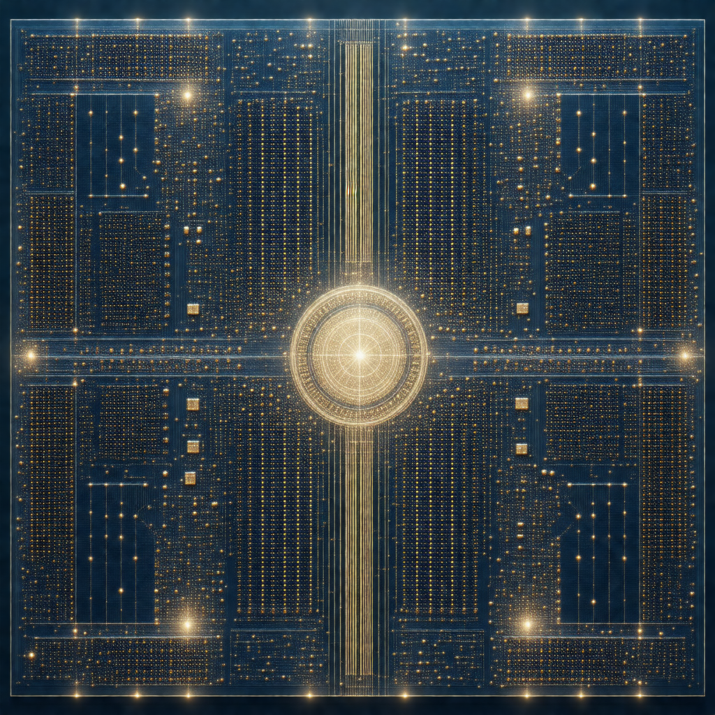 Blue and gold digital artwork featuring a large, intricat...
