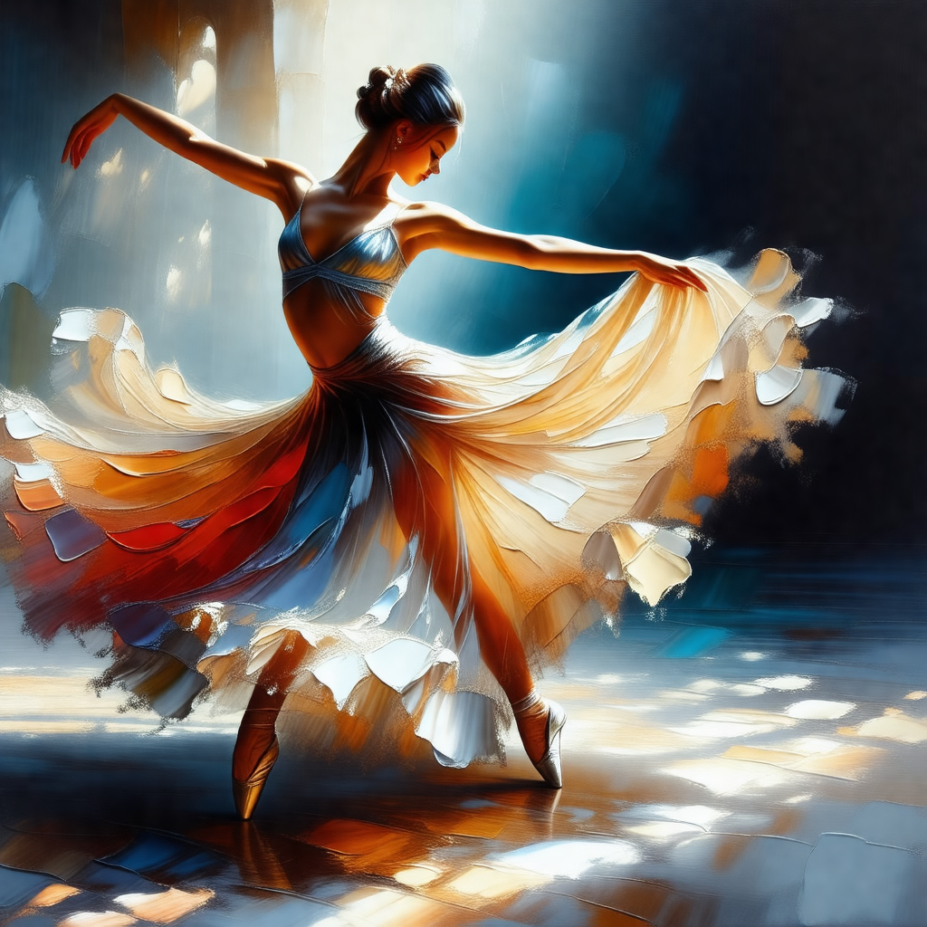 Beautiful woman in a blue and white dress, dancing gracef...