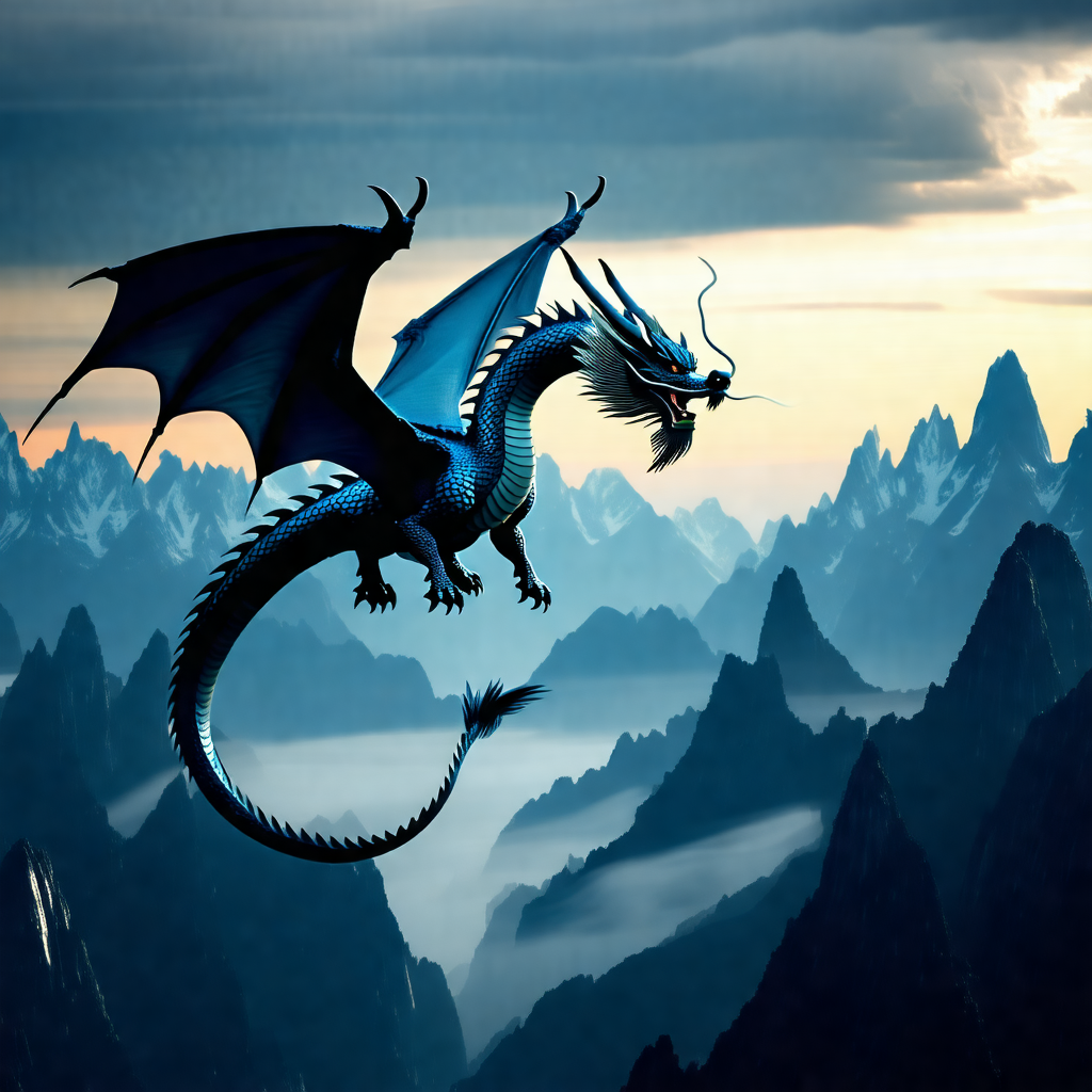 Blue dragon flying through the sky, with its wings spread...