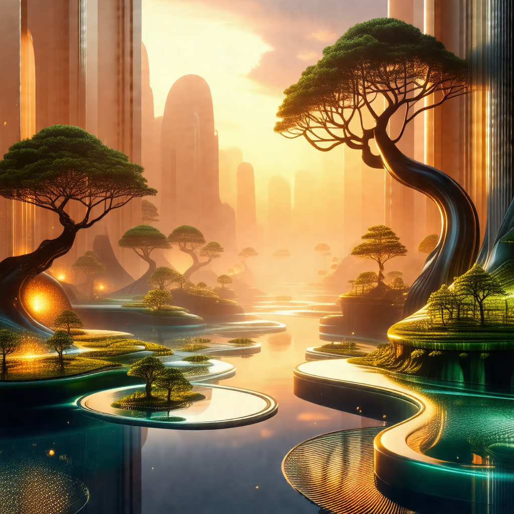 Digital painting of a forest with a river flowing through it