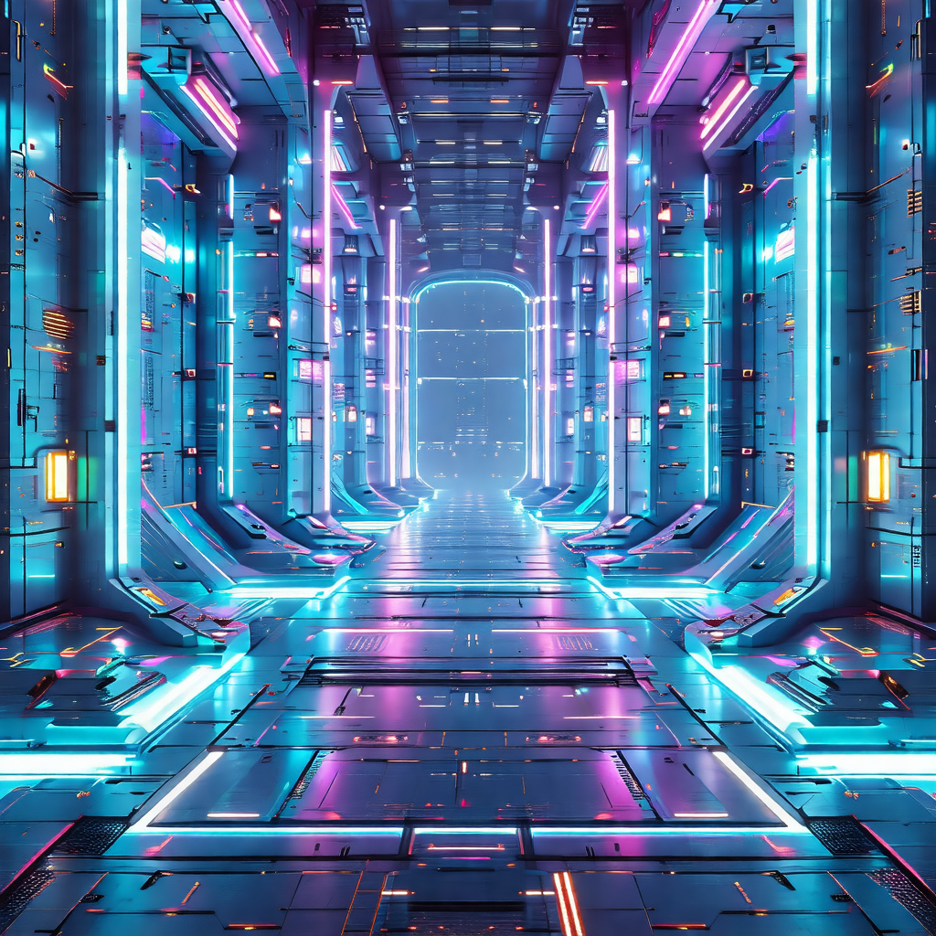 Futuristic, colorful, and neon-lit hallway