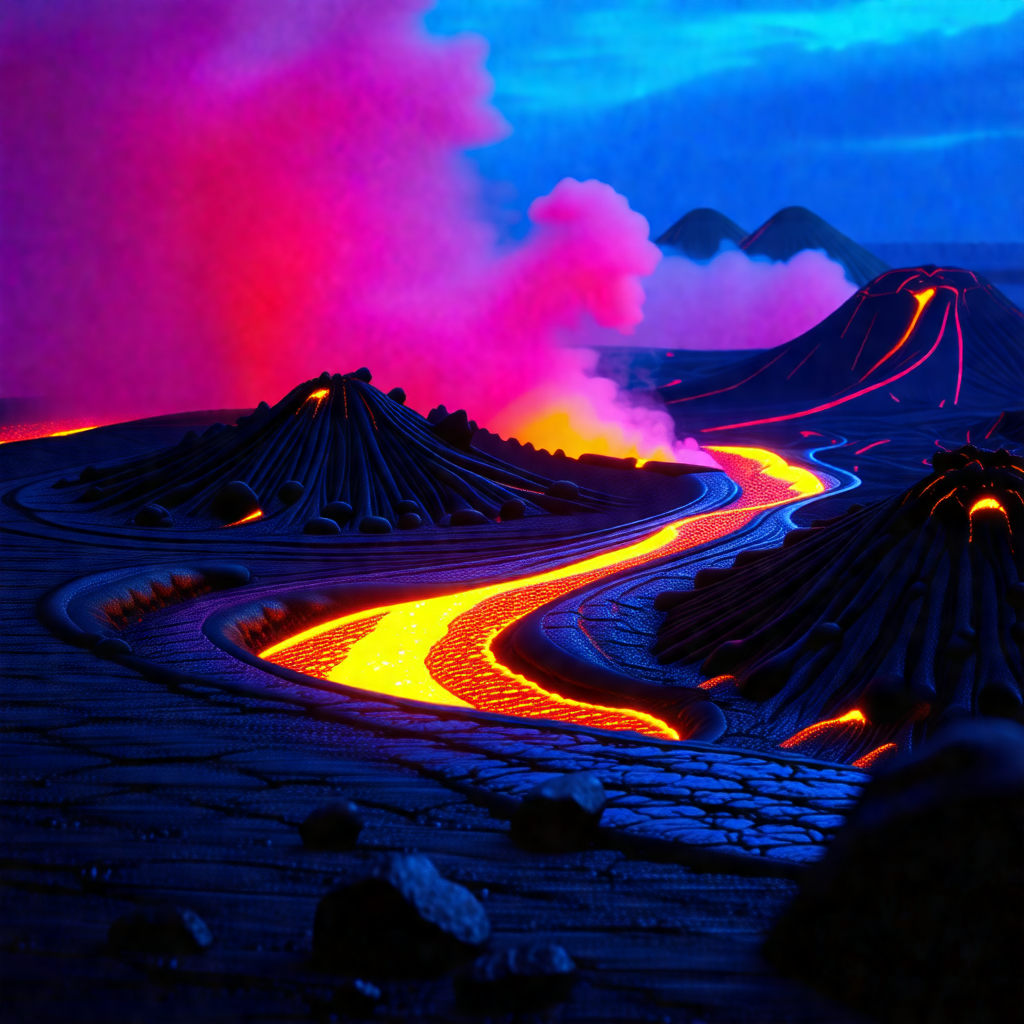 Volcanic landscape with a river of lava flowing through it